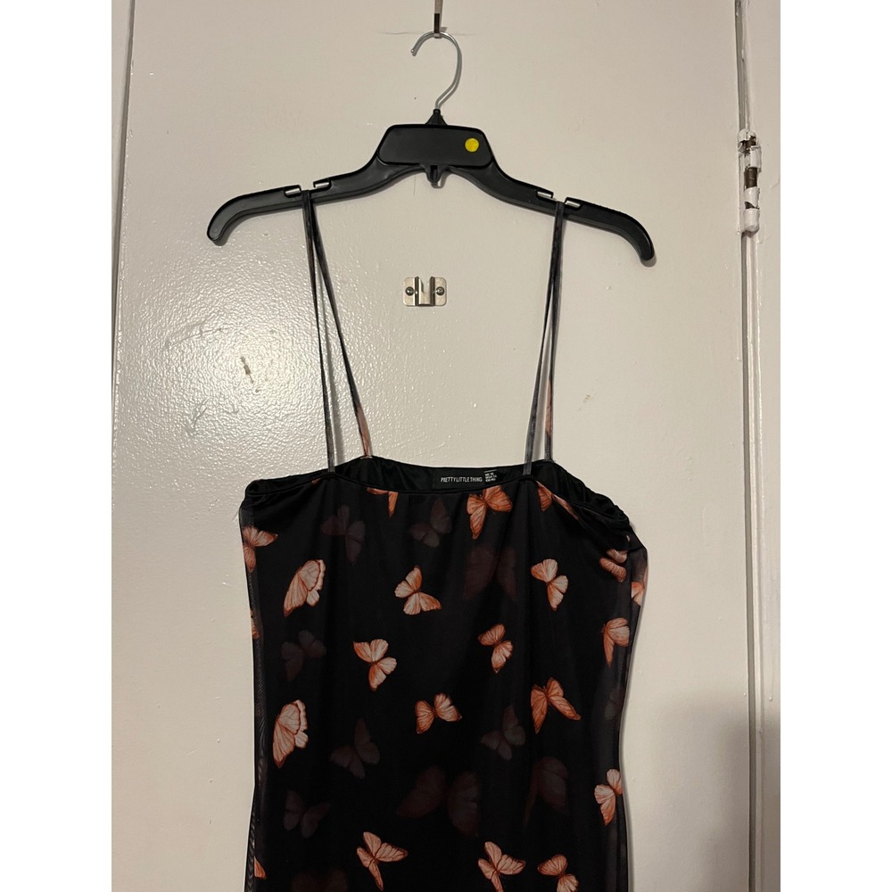 PrettyLittleThing Black Butterfly Mesh Midi Dress Ruffle Hem Size 14 Womens - Picture 4 of 10